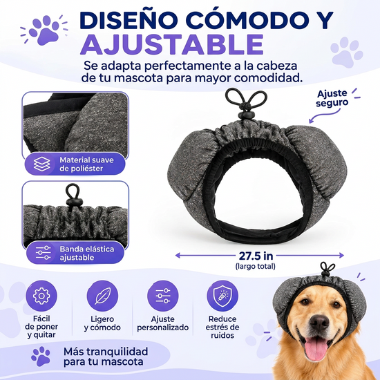 Orejeras antirruido para perros diseño ajustable de poliéster con banda elástica