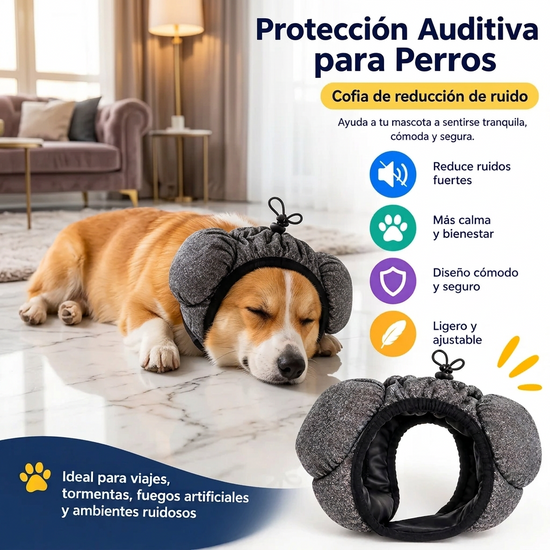 Corgi con orejeras antirruido grises puestas — protección auditiva para perros