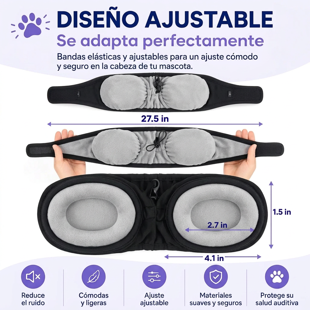 Dimensiones y diseño ajustable de las orejeras antirruido para perros — 27.5 in de largo