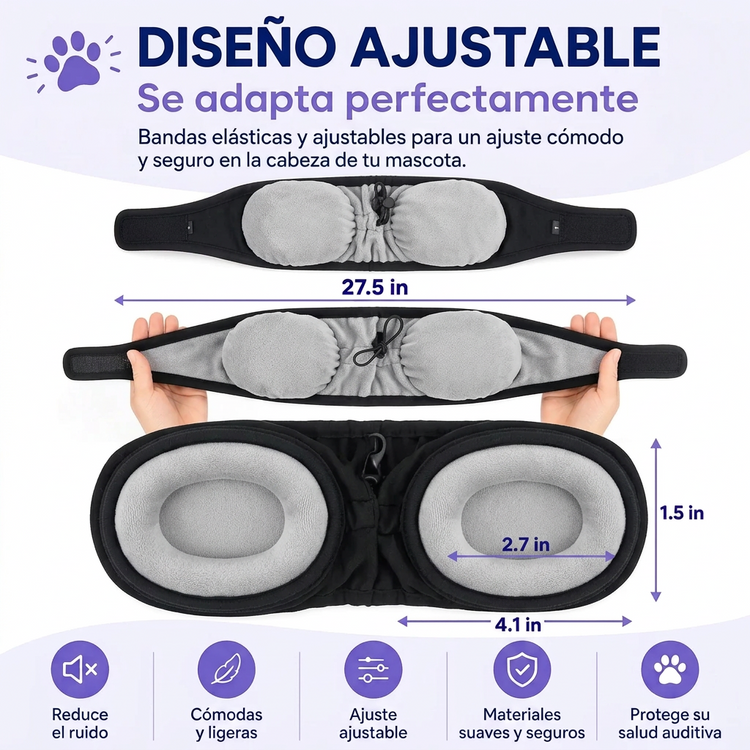 Dimensiones y diseño ajustable de las orejeras antirruido para perros — 27.5 in de largo