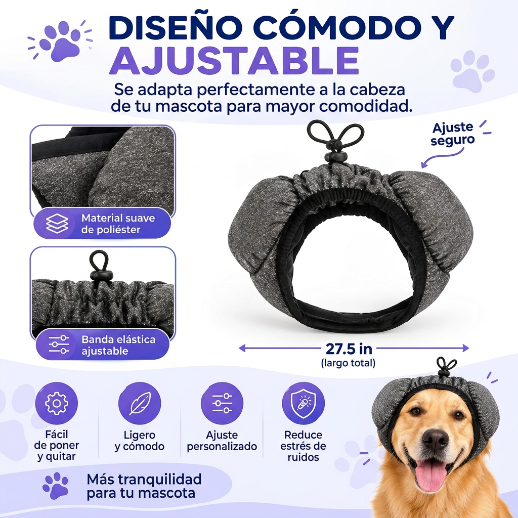 Orejeras antirruido para perros diseño ajustable de poliéster con banda elástica