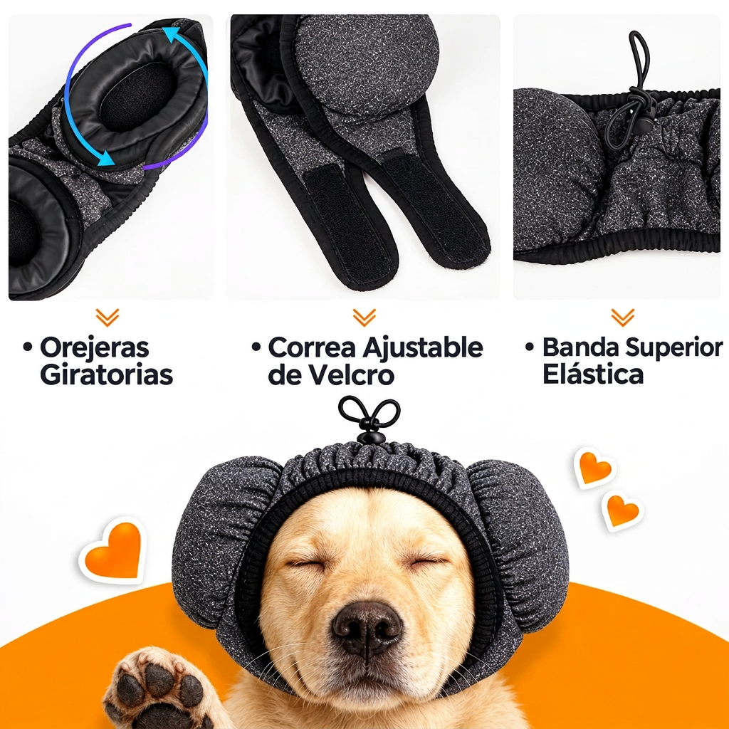 Detalle de orejeras giratorias con correa de velcro y banda elástica — Labrador con orejeras