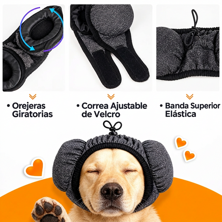 Detalle de orejeras giratorias con correa de velcro y banda elástica — Labrador con orejeras