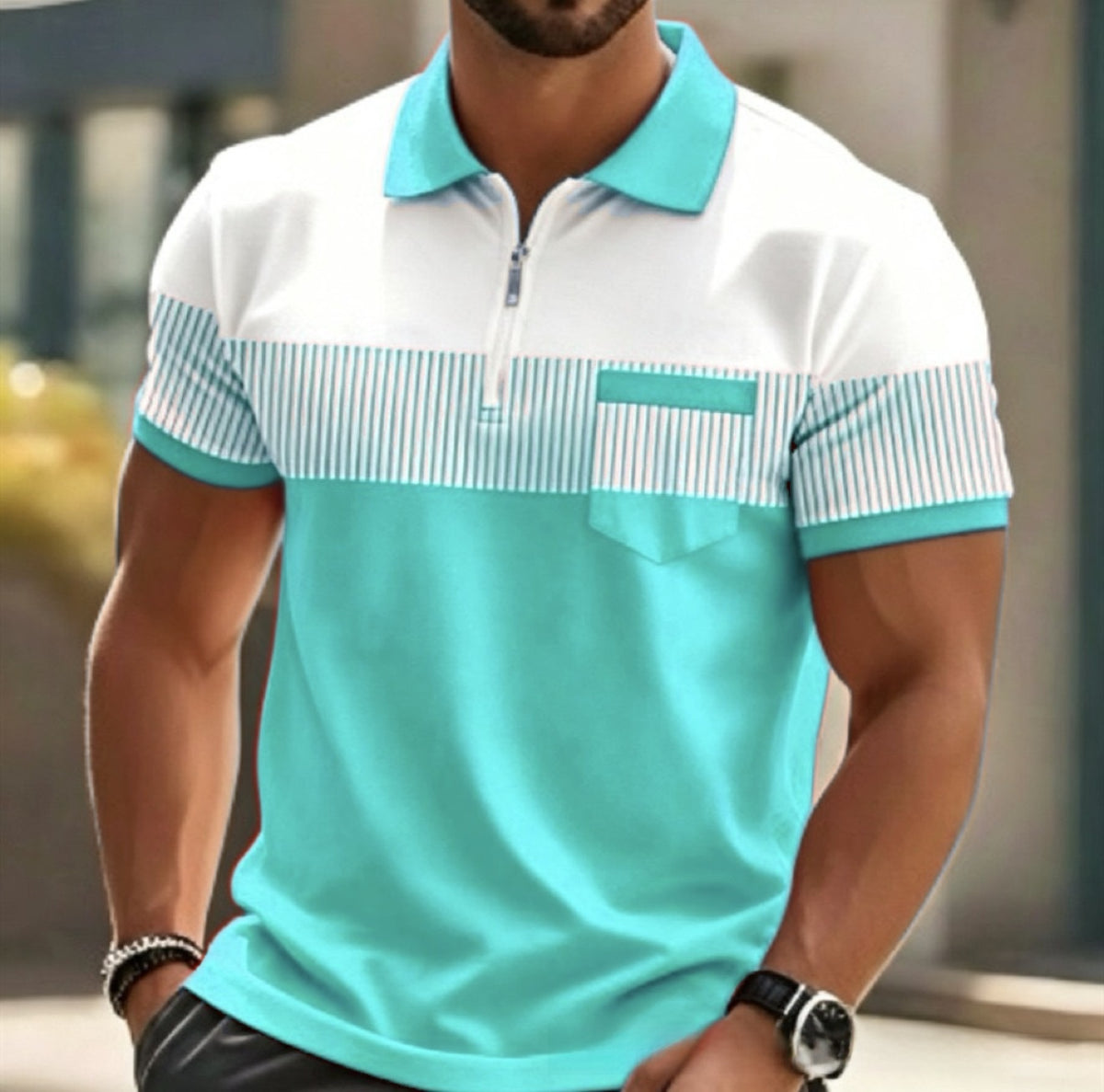 Mens Striped Short Sleeve Polo Shirt